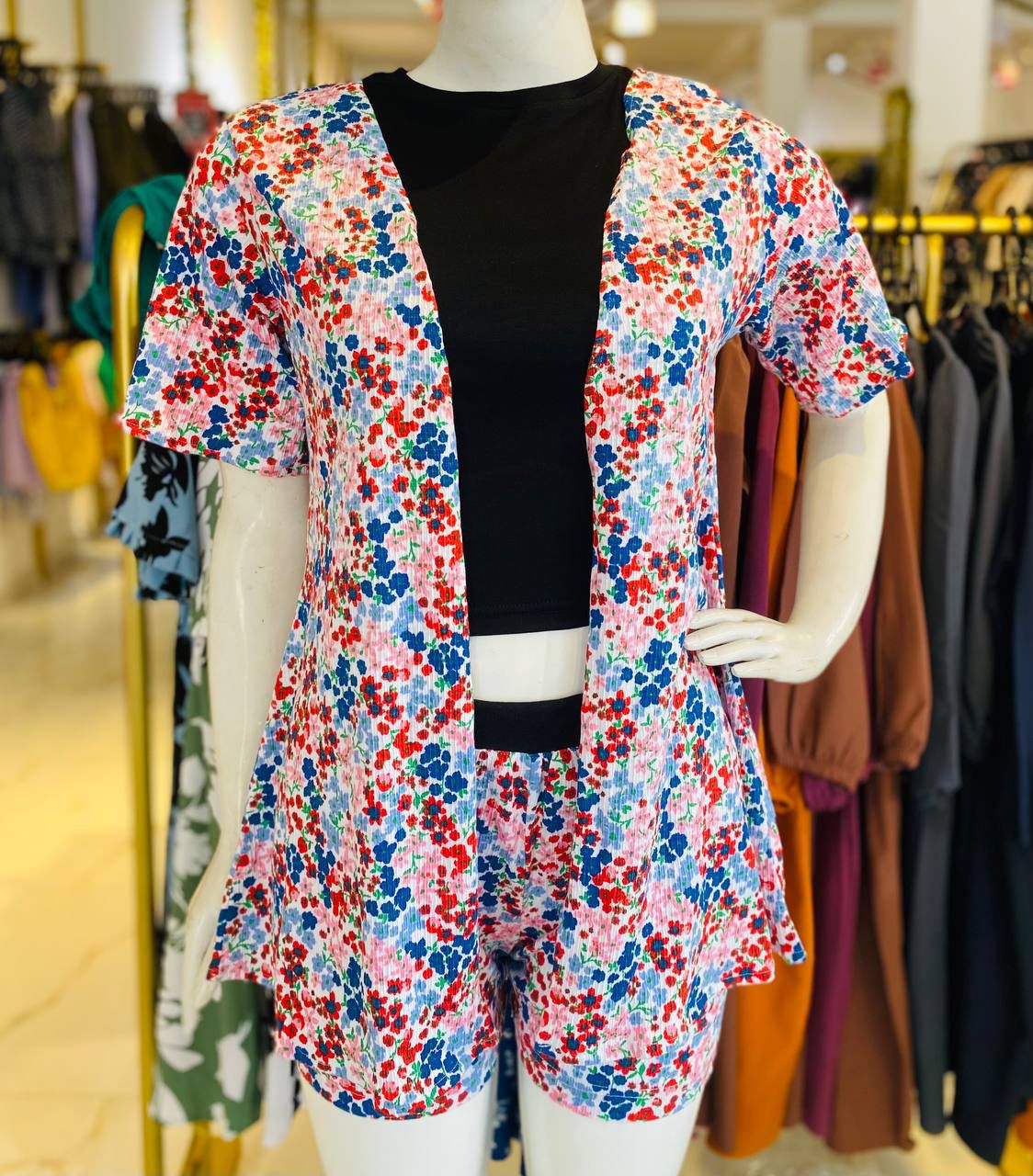 Floral Short & Overcoat - Blue & Red