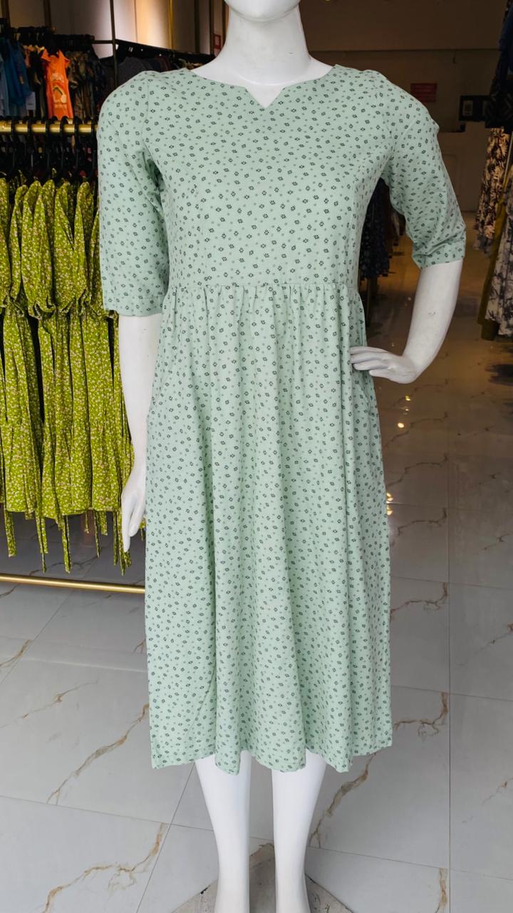 Cotton Midi Princess Line Dress - Green Color