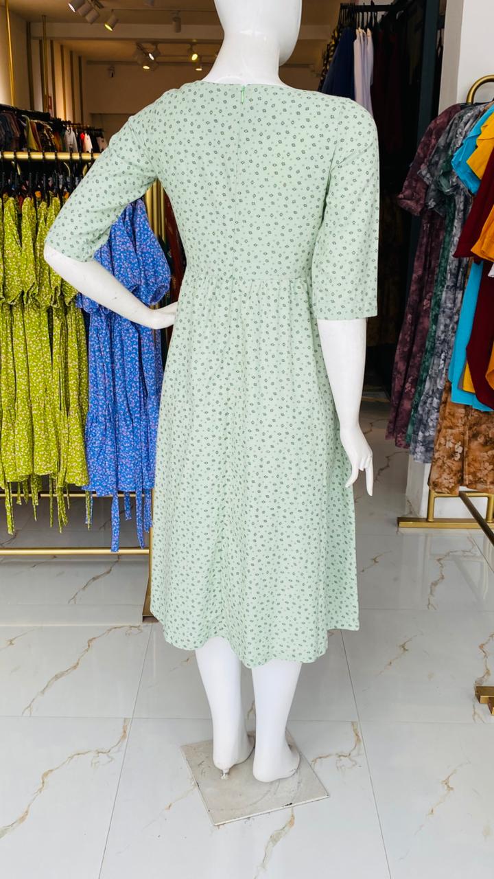 Cotton Midi Princess Line Dress - Green Color